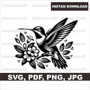 Hummingbird SVG File - Hummingbird with flowers svg Vector Images, Floral Clipart for Cricut PNG and Laser Files