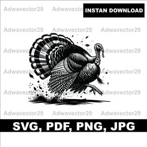 May include: Black and white illustration of a turkey running. The turkey is facing right and has its wings spread out. The turkey is in a running pose with its legs outstretched.