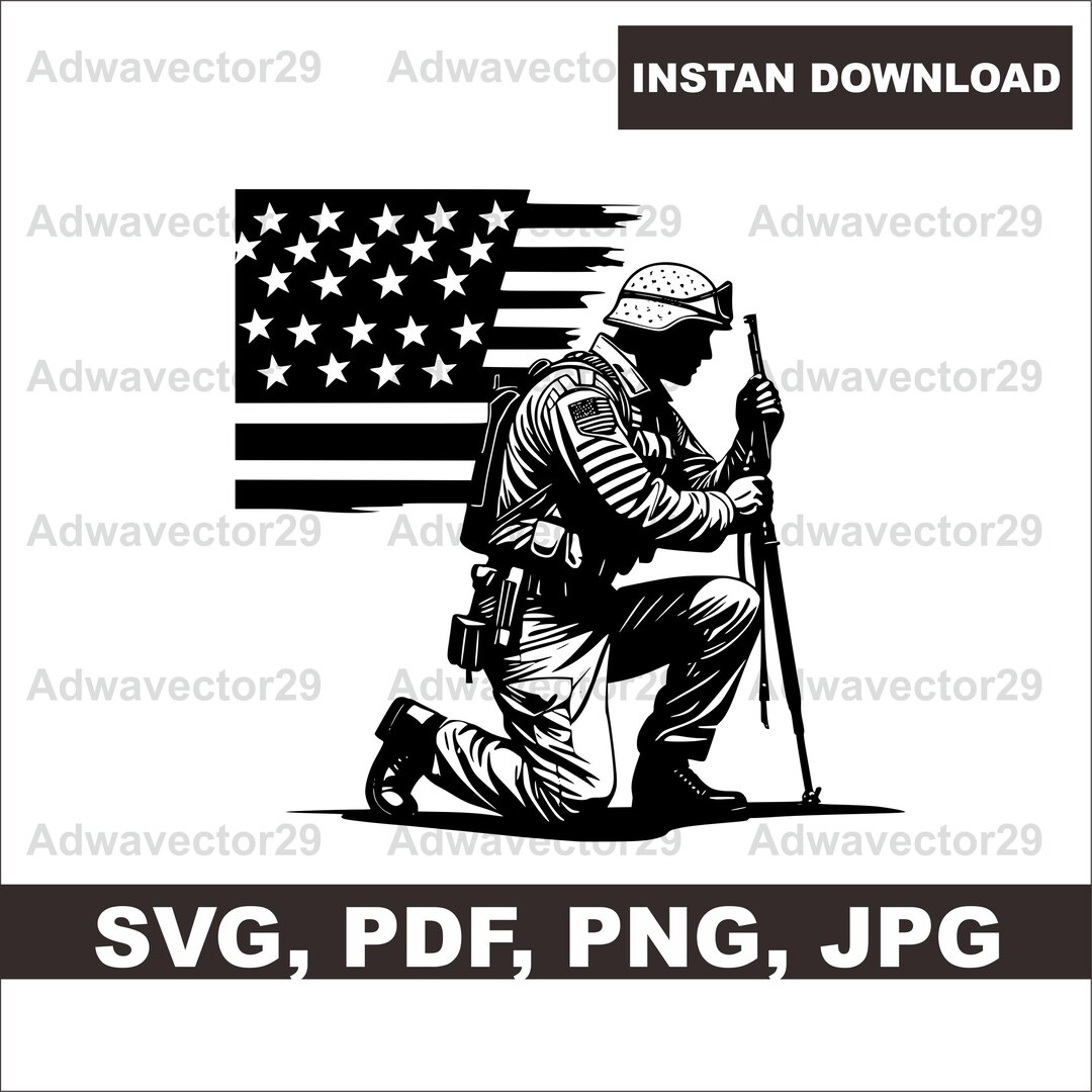 Kneeling Soldier American Flag Svg & PNG Files, Fallen Soldier ...