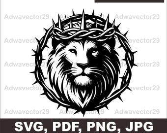 Lion Crown of Thorns Svg PNG File, Lion of Judah SVG, Christian Clipart, Jesus God Silhouette Vector, Faith Shirt Sublimation Design