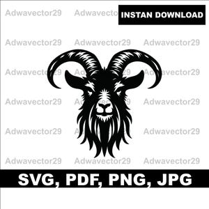 May include: Black and white goat head illustration with large curved horns and a long beard. The image includes the text "INSTAN DOWNLOAD" and "SVG, PDF, PNG, JPG".