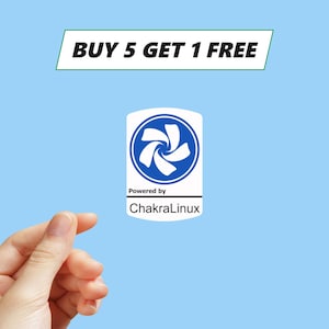 May include: A light blue background with a white and green banner that reads "BUY 5 GET 1 FREE". A white sticker with a blue logo and the text "Powered by ChakraLinux" is also visible.