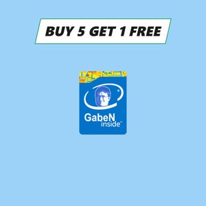 Pode incluir: Logotipo azul e amarelo com o texto "GabeN inside" e uma imagem de desenho animado de um homem de óculos. O texto "BUY 5 GET 1 FREE" está em uma caixa verde acima do logotipo.