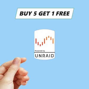 May include: A light blue background with the text "BUY 5 GET 1 FREE" in a white and green banner. A white rectangle with a red and orange graphic and the text "Powered by UNRAID" is in the centre.