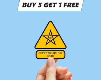 Cursed technology inside warning sign sticker - parody warning sticker label vinyl [1100]