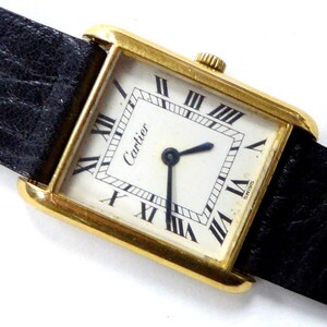 Vintage Cartier Tank Watch — 22mm, 18K Electroplate, Manual Wind, Black Strap