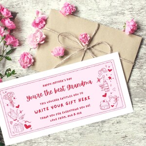 Tarjeta de abuela editable en CANVA, cupón personalizado para el Día de la Madre y cumpleaños, cupón digital y plantilla de regalo