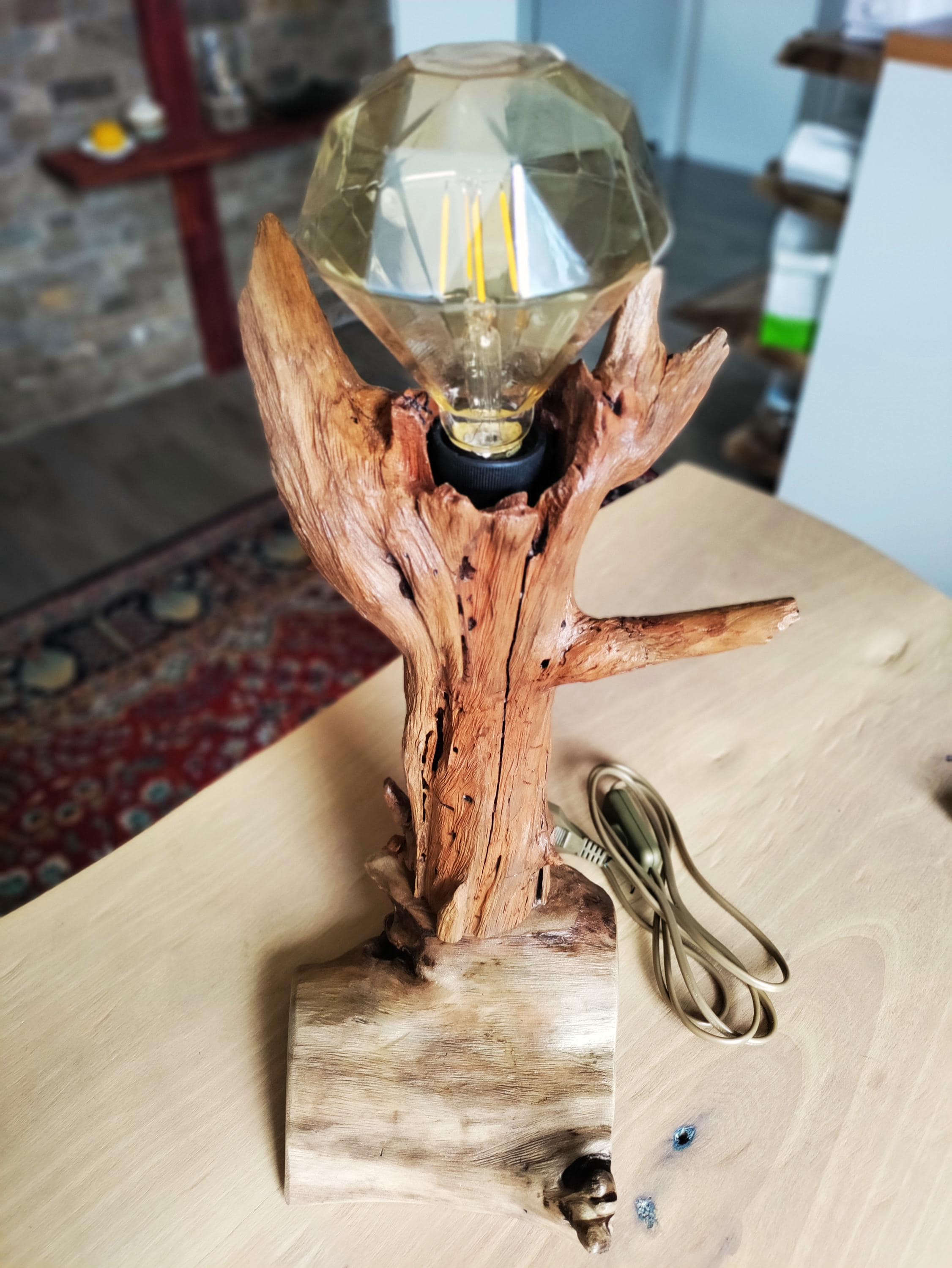 Unique Table Lamp, Naturally Dried Cherry Wood on a Base of Walnut