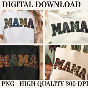 Può includere: Un set di download digitale composto da quattro file PNG ad alta qualità a 300 DPI che presentano la parola MAMA con vari motivi a tema Halloween. I design includono quadri, ragnatele, zucche e pipistrelli su capi bianchi, crema e neri.