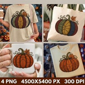 Può includere: Una t-shirt beige, una borsa di tela, una tazza in ceramica bianca e una t-shirt beige piegata, ognuna con la grafica di una zucca con linee da basket e una foglia marrone. Il testo in basso riporta 4 PNG 4500x5400 PX 300 DPI.