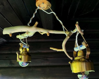 Driftwood Pendant Light | Natural Wood branch pendant light with Brass and Linen accent | Dining table lamp