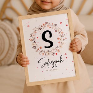 Personalized Baby Name Wall Art | Custom Initial, Name & Birth Date | Minimalist Nursery Print | Islamic Baby Room Decor | Digital Download