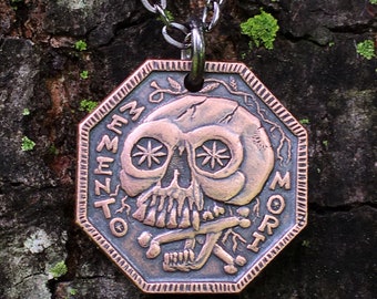 Colgante de cobre Memento Mori /Memento Vivere en collar de cadena de 30" - Regalo recordatorio estoico