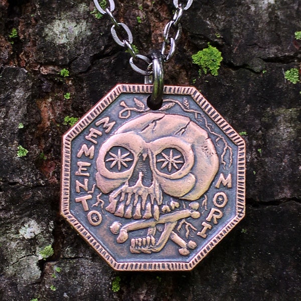 Memento Mori /Memento Vivere copper pendant on 30" chain necklace - Stoic Reminder Gift