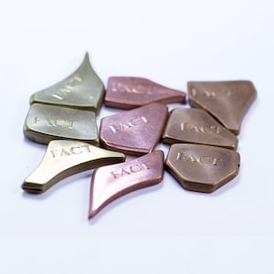 May include: A collection of small, irregularly shaped metal objects in shades of gold, copper, and bronze. Each piece has the word "FACT" engraved on it. The objects are scattered on a white surface.