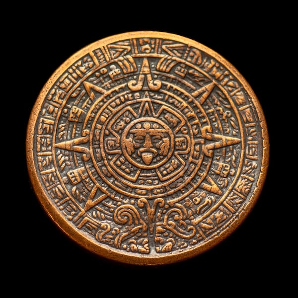 Aztec Sun Stone Calendar - Copper Worry Coin