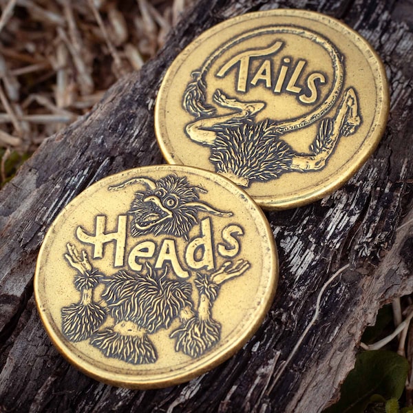 Labyrinth Firey Heads or Tails Decision Maker Brass Coin