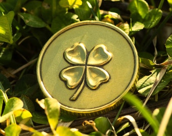 Lucky Brass Coin with Four Leaf Clover and Horseshoe