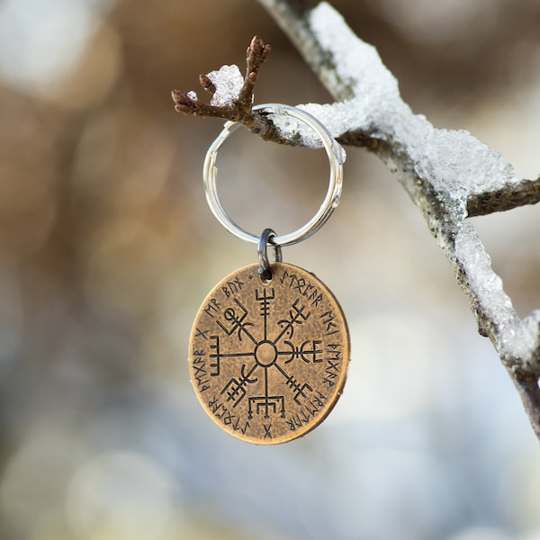 Porte-clés boussole scandinave Vegvisir en bronze