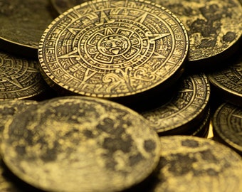 The Sun and Moon Worry Coin - Aztec Sun Stone Calendar and Moon