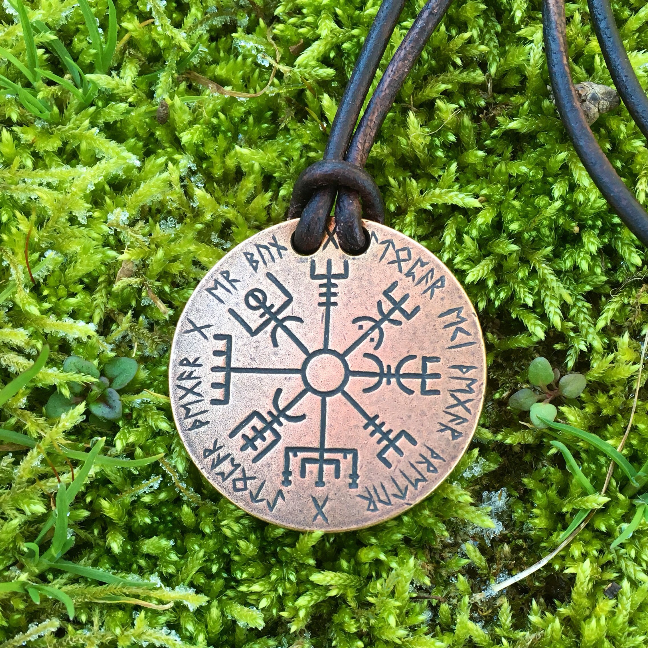 Vegvisir Norse Compass Bronze and Leather Necklace