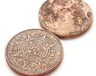 Copper Sun and Moon Worry Coin - Aztec Sun Stone Calendar and Moon