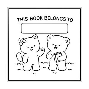 Może przedstawiać: Czarno-biała ilustracja etykiety książki z napisem "THIS BOOK BELONGS TO" nad pustym miejscem. Poniżej znajdują się dwie postacie z kreskówek, kot i niedźwiedź. Kot macha, a niedźwiedź trzyma książkę.