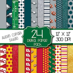 May include: A digital paper pack with 24 different designs featuring football, eagles, and team logos. The designs are in various colors, including red, yellow, green, blue, and gray. The pack is 12 inches by 12 inches and 300 DPI.
