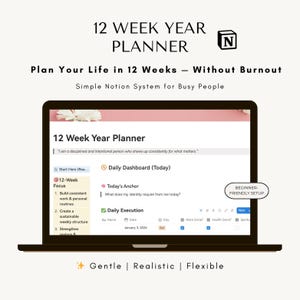 12 Week Year Planner Notion Template, 90 Day Goal Tracker, Focus Block Dashboard and Quarterly Productivity System