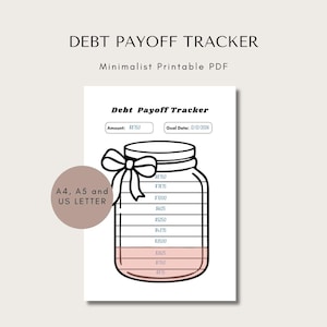 May include: A minimalist Debt Payoff Tracker PDF with a jar graphic. The jar is divided into sections with amounts listed, and a bow on top. Text includes "Debt Payoff Tracker", "Amount: £1750", and "Goal Date: 12/12/2026".