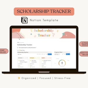 Puede incluir: Una pantalla de portátil muestra una plantilla de Notion "Scholarship Tracker". La pantalla muestra un proceso de becas, un gráfico de progreso y el texto "Fechas límite automatizadas" y "Planificador de ensayos incluido". La imagen también incluye el texto "Descarga instantánea" y "Organizado | Enfocado | Sin estrés".