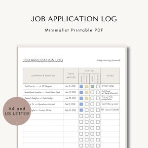 Registro de solicitud de empleo imprimible minimalista, rastreador de empleo en PDF y planificador de búsqueda de empleo.