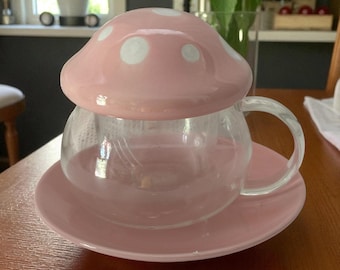 Mushroom Teapot Set: Pink Kawaii Glass Tea Cup with Infuser