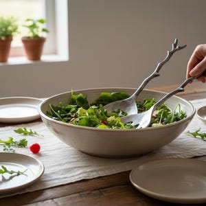 May include: A beige ceramic salad bowl filled with fresh greens, served with silver salad servers. Several beige plates are arranged around the bowl on a wooden table. A window with potted plants is in the background.