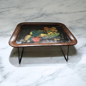 Vintage Metal Folding Tray: Hand-Painted Fruit Design, 18-inch