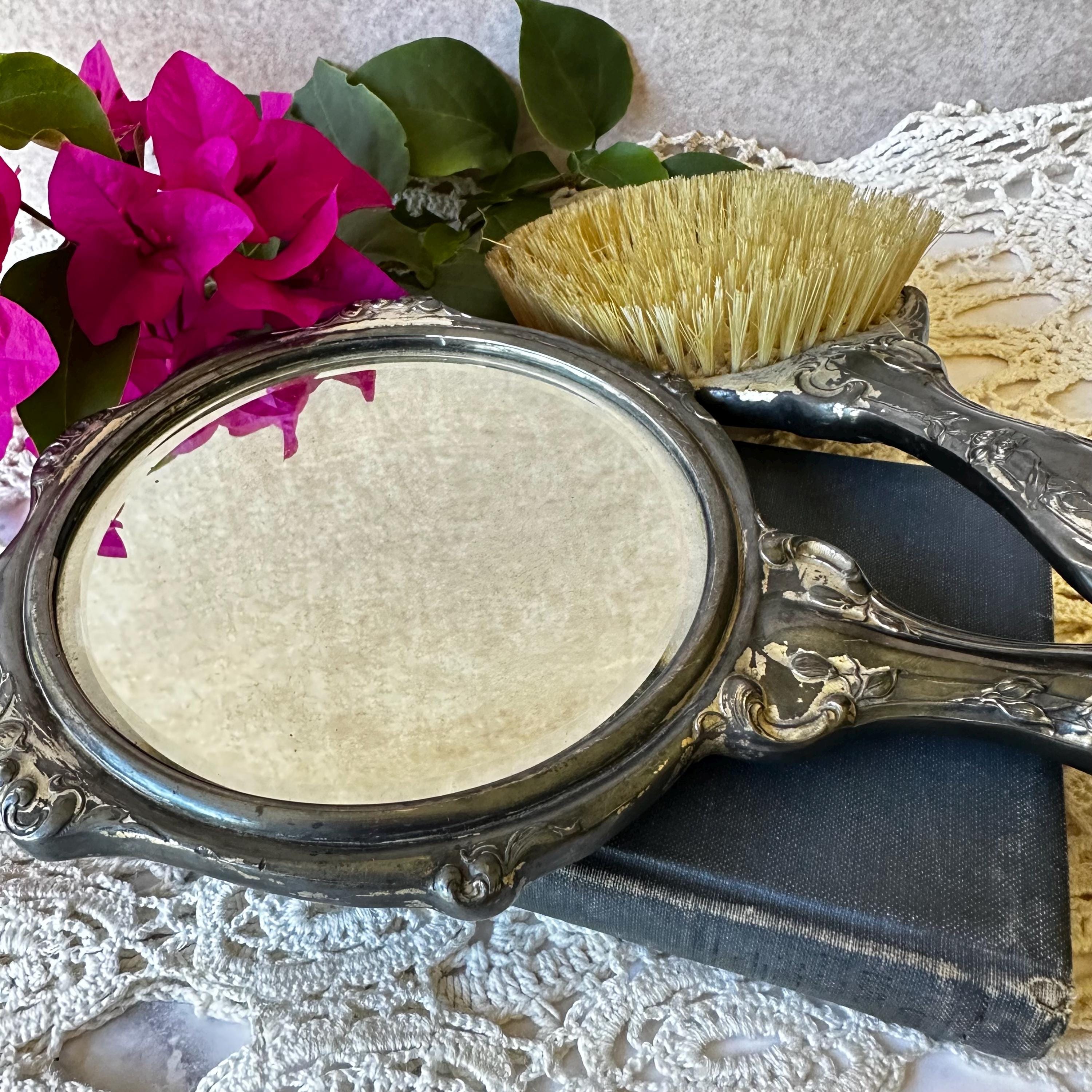 Vintage Silver-Tone Floral Hand Mirror & Brush Set Antique Silver Mirror and Brush Set - Etsy main image 2
