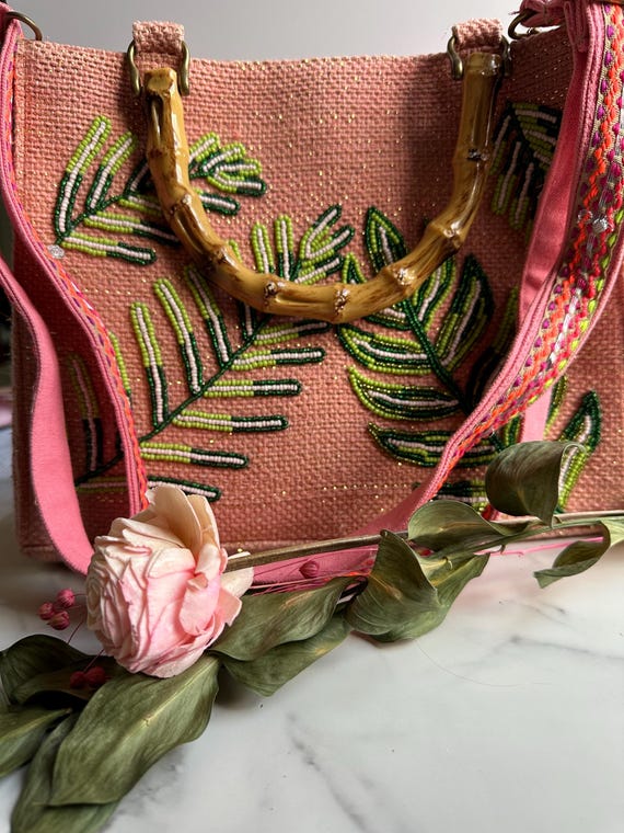 Beaded Palm Tree Bag: Pink Tropical Design with B… - image 2