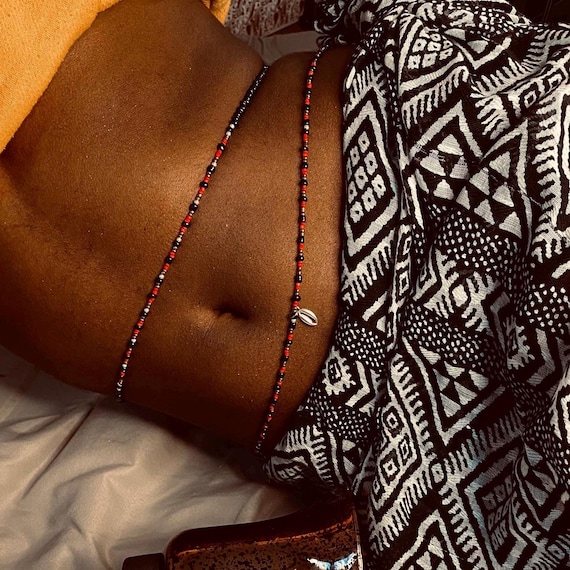 Handmade Beaded Waist Beads: Black & Red, Shell Charm (2-Piece Set)