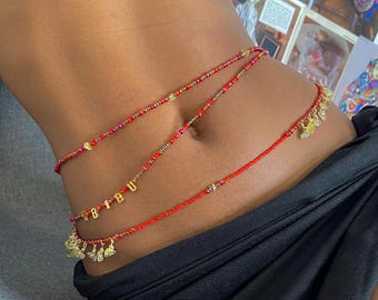 Handmade Red & Gold Waist Beads Set, Belly Chain Jewelry (3 PIECES)
