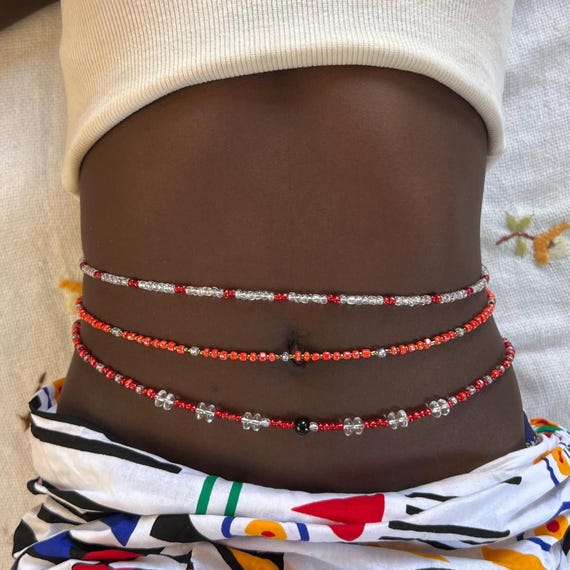 Red & White Beaded Waist Beads Set - Handmade Body Jewelry