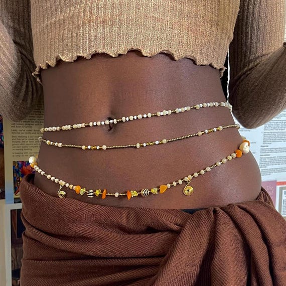 Handmade Beige & Gold Beaded Waist Beads Set (3 PIECES)