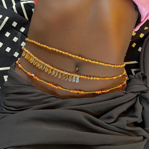 Handmade Gold & Orange Beaded Waist Beads Set (3 Pieces)