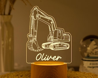 Personalized Excavator Night Light, Custom Digger Name Lamp, Kids Nursery Bedroom Decor, Birthday Gift