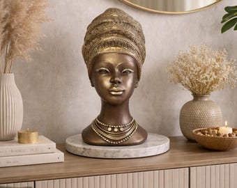 African Woman Bust Sculpture, Modern Black Afrocentric Home offıce Decor,