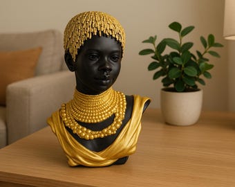 African Woman Bust Statue: Black Gold Polyester Sculpture, Handcrafted Home Decor