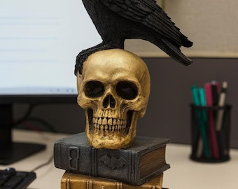 Gothic Raven Skull Statue, Dark Academia Book Decor, Handmade Halloween Accent