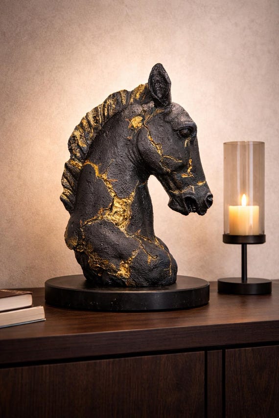 黒と金の馬の頭部の彫刻、乗馬装飾 - Etsy 日本