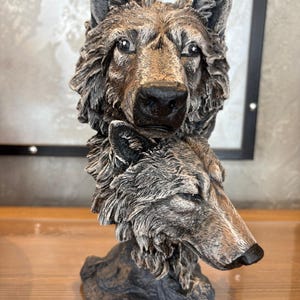 Double Wolf Head Statue – Viking Wolf Sculpture – Mythological Wolf Totem – Rustic Nordic Home Decor, Wolf Figurine Gift,