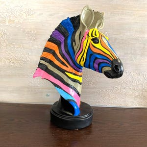 Hand-Painted Zebra Bust: Modern Rainbow Animal Sculpture