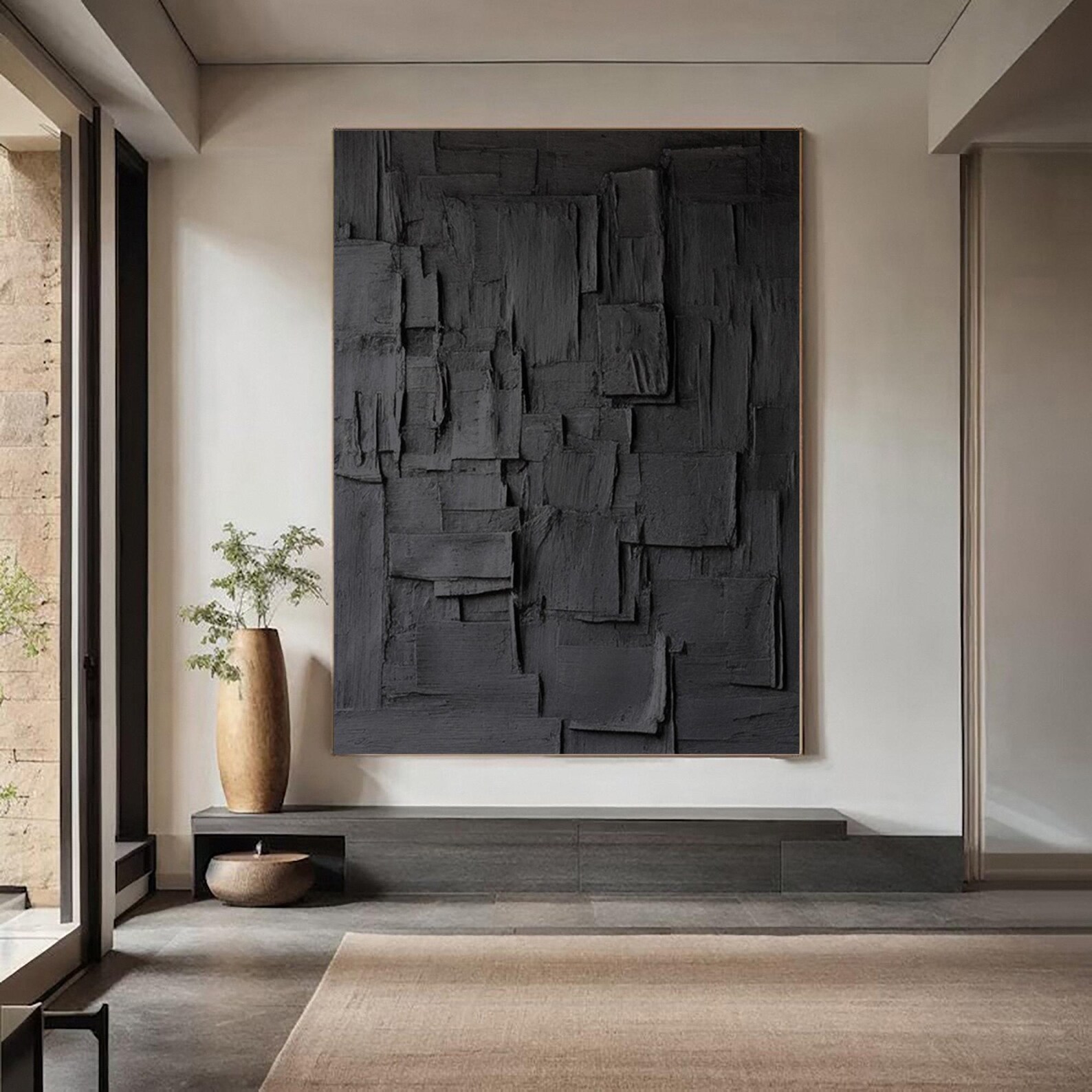 Modern Black Textured Painting on Canvas Black Abstract Wall Art Large ...